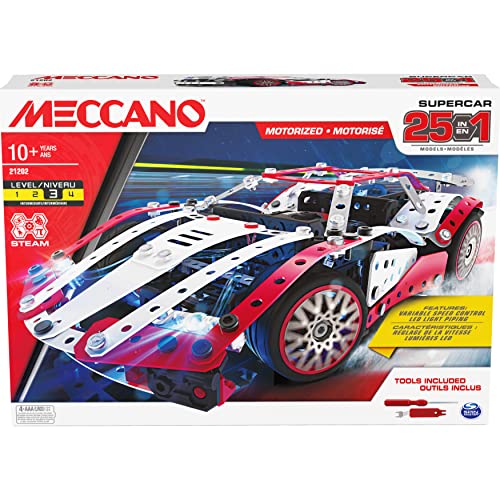 MECCANO 25 en 1 Supercar Motorizado Stem Modelo Kit de construcción con 347 Piezas, Herramientas Reales y Luces de Trabajo, Juguetes para niños para Edades de 10 años en adelante