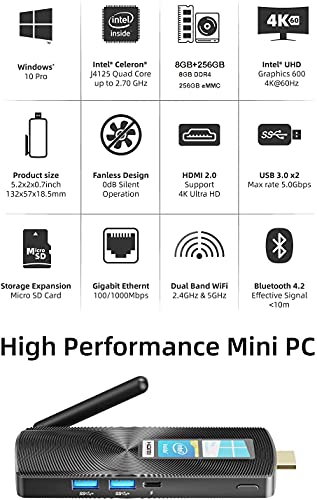Mele Mini PC Stick Windows 10 Pro 8GB DDR 256GB eMMC Celeron J4125 Procesor Quad-Core Sin Ventilador Mini Computadora 4K HD BT4.2 2.4G-5.0G Doble Bandera WiFi USB3.0