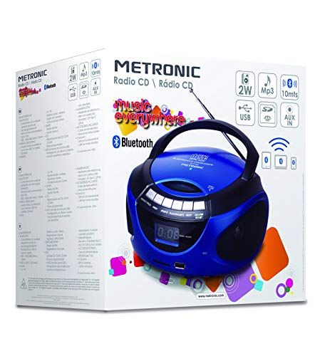 Metronic 477129 - Radio CD portátil con Bluetooth y puerto USB/SD/MMC: reproduce MP3, 2x1W, azul