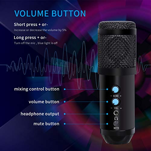 Micrófono de Condensador USB Kit Grabación Patrón Polar Cardioide con Soporte de Brazo para Grabar Música Video Podcast Transmisión en Vivo Juegos Chat Karaoke