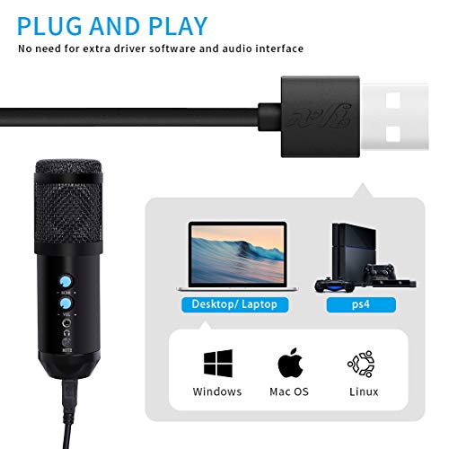 Micrófono de Condensador USB Kit Grabación Patrón Polar Cardioide con Soporte de Brazo para Grabar Música Video Podcast Transmisión en Vivo Juegos Chat Karaoke