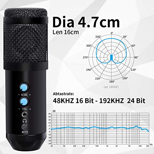 Micrófono de Condensador USB Kit Grabación Patrón Polar Cardioide con Soporte de Brazo para Grabar Música Video Podcast Transmisión en Vivo Juegos Chat Karaoke