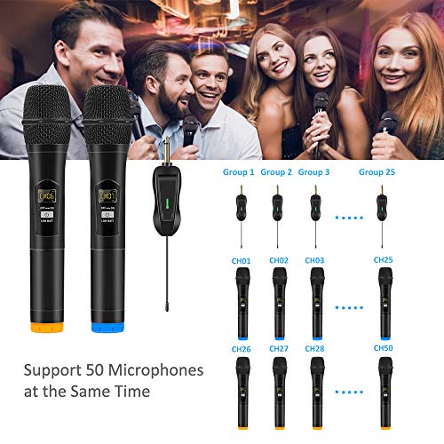 Micrófono Inalámbrico, ARCHEER Karaoke 2 Microfonos Profesional UHF Sistema de Dinámico de Metal Dual con Receptor Recargable para Cantar, Fiesta, KTV Casero, Reunión, Boda, DJ, Discurso, Iglesia