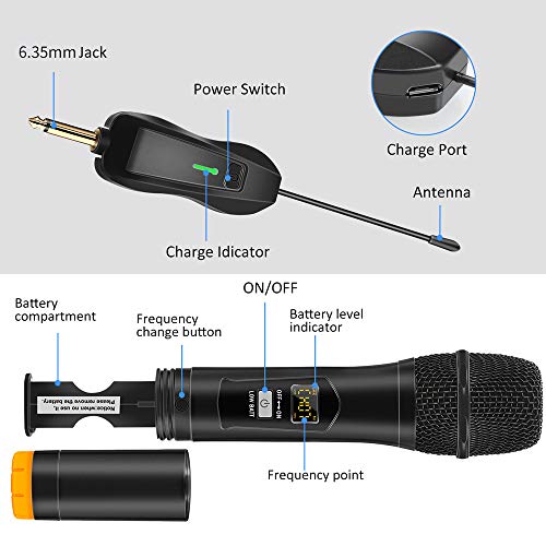 Micrófono Inalámbrico, ARCHEER Karaoke 2 Microfonos Profesional UHF Sistema de Dinámico de Metal Dual con Receptor Recargable para Cantar, Fiesta, KTV Casero, Reunión, Boda, DJ, Discurso, Iglesia