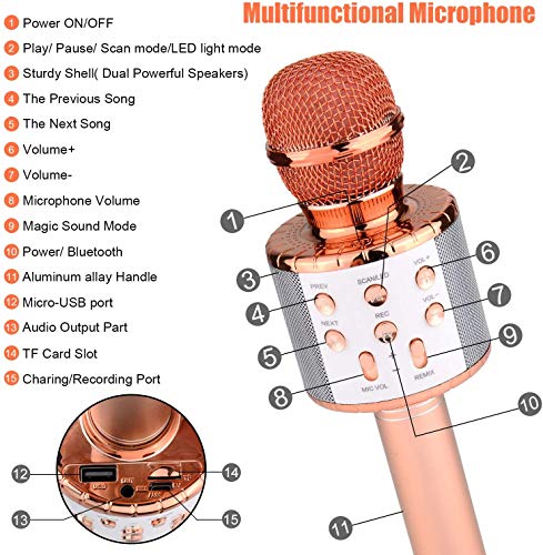 Micrófono Karaoke Bluetooth,Micrófono Inalámbrico Bluetooth Karaoke portatil con Luz LED Micrófono Infantil con Cantar y Grabación,Regalo Niños,Fiesta Microfono Karaoke para PC/Teléfono Inteligente