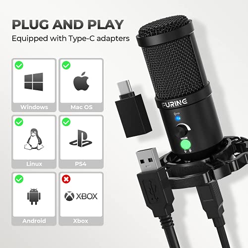 Micrófono PC, FURINE Micrófono USB Condensador para Gaming Streaming, Micrófono Cardioide profesional para cantar, Estúdio, PS4, con Brazo, Soporte, Filtro Pop, Adaptador tipo C