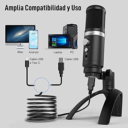 Micrófono PC Gaming, Moman EM1 Microphone PS4 Streaming Sobremesa Compatible con Mac, Móvil, Ordenador, Laptop, Microfono-PC-USB-Streaming-Condensador