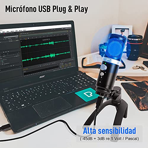 Micrófono PC Gaming, Moman EM1 Microphone PS4 Streaming Sobremesa Compatible con Mac, Móvil, Ordenador, Laptop, Microfono-PC-USB-Streaming-Condensador