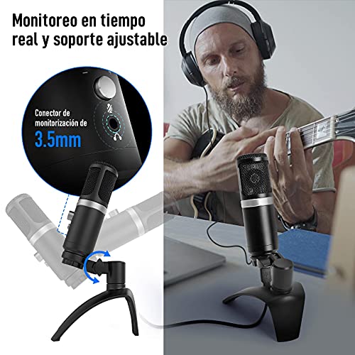 Micrófono PC Gaming, Moman EM1 Microphone PS4 Streaming Sobremesa Compatible con Mac, Móvil, Ordenador, Laptop, Microfono-PC-USB-Streaming-Condensador