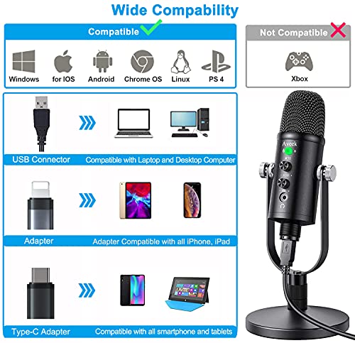 Micrófono USB, Aveek Condensador grabación micrófono con Silencio y Eco para Ordenador portátil, Mac Phone Studio, transmisión de transmisión y Juego