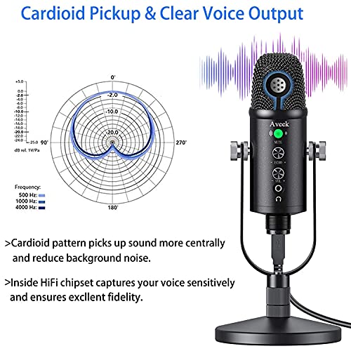 Micrófono USB, Aveek Condensador grabación micrófono con Silencio y Eco para Ordenador portátil, Mac Phone Studio, transmisión de transmisión y Juego