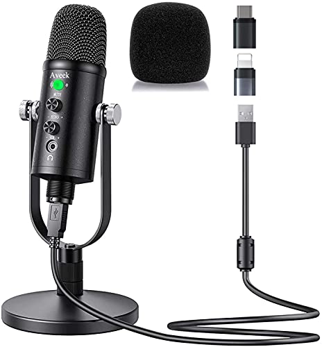 Micrófono USB, Aveek Condensador grabación micrófono con Silencio y Eco para Ordenador portátil, Mac Phone Studio, transmisión de transmisión y Juego