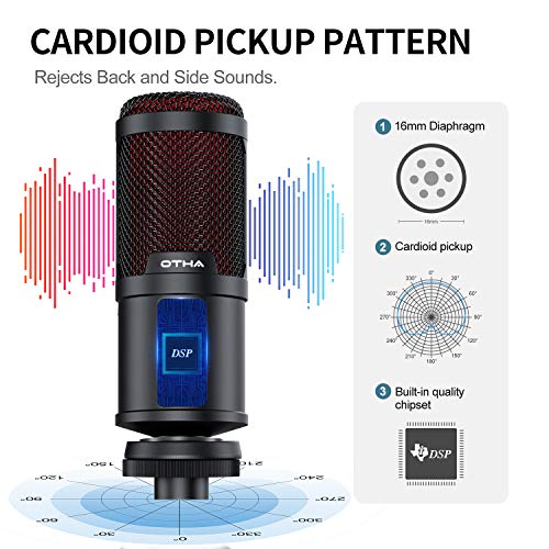 Micrófono USB de Cardioide para Ordenadores PC, OTHA 192 kHz/24 bits Micrófono de Condensador para Estudio de Grabación, Gaming, Podcasts, Voice Overs, Transmisión en Streaming, Discord