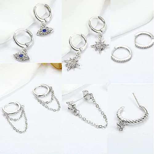 MILACOLATO Juego de 12 pares de Pendientes Set Mujer Pendientes de Cadena Colgantes Dorados y Plateados, Mini Bola con Tachuelas de Circonitas Cúbicas, Pendientes de Aro Huggie para Mujer y Hombre