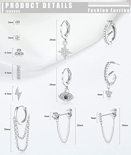 MILACOLATO Juego de 12 pares de Pendientes Set Mujer Pendientes de Cadena Colgantes Dorados y Plateados, Mini Bola con Tachuelas de Circonitas Cúbicas, Pendientes de Aro Huggie para Mujer y Hombre