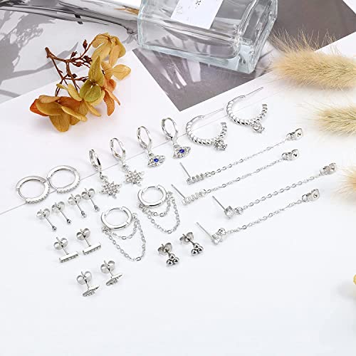 MILACOLATO Juego de 12 pares de Pendientes Set Mujer Pendientes de Cadena Colgantes Dorados y Plateados, Mini Bola con Tachuelas de Circonitas Cúbicas, Pendientes de Aro Huggie para Mujer y Hombre
