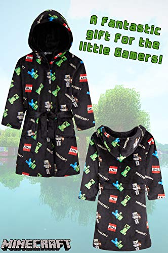 Minecraft Bata para Niños con Diseño Creeper, Batas de Estar por Casa de Forro Polar Suave con Capucha, Ropa de Dormir para Niño, Regalos Originales para Gamers Niños (7-8 años, Negro)