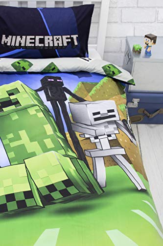 Minecraft Creeps - Funda de edredón Individual con Licencia Oficial Reversible de Dos Caras con Funda de Almohada a Juego, polialgodón, Color Azul