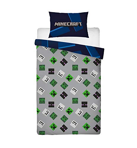 Minecraft Creeps - Funda de edredón Individual con Licencia Oficial Reversible de Dos Caras con Funda de Almohada a Juego, polialgodón, Color Azul