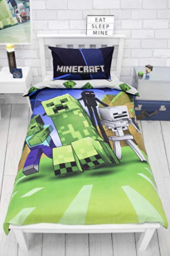 Minecraft Creeps - Funda de edredón Individual con Licencia Oficial Reversible de Dos Caras con Funda de Almohada a Juego, polialgodón, Color Azul