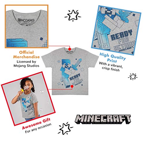 Minecraft Ready For Action Girls T-Shirt Heather Grey 9-10 Years