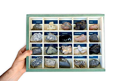 MINERALES Y FOSILES NANO Colección de 20 Rocas Volcánicas e Ígneas Premium en Caja de Madera Natural - Rocas educativas de Gran tamaño con Hoja de descripción. Kit Geología para niños