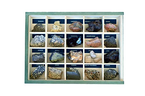 MINERALES Y FOSILES NANO Colección de 20 Rocas Volcánicas e Ígneas Premium en Caja de Madera Natural - Rocas educativas de Gran tamaño con Hoja de descripción. Kit Geología para niños