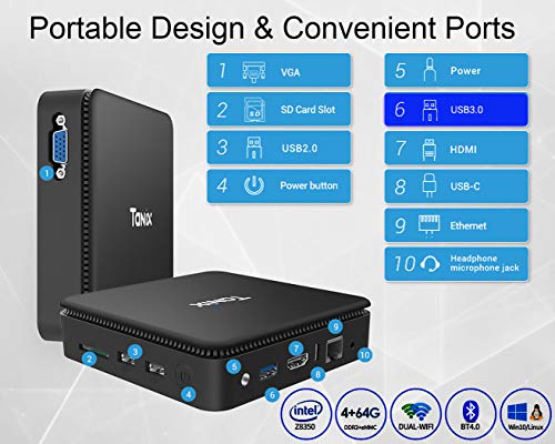 Mini PC Windows 10/Linux, Intel Atom X5-Z8350 HD Graphics Mini Computer 4GB DDR3/64GB eMMC Support 2.4/5G WiFi, BT 4.0, Gigabit Ethernet, HDMI/VGA Output