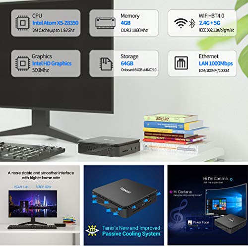 Mini PC Windows 10/Linux, Intel Atom X5-Z8350 HD Graphics Mini Computer 4GB DDR3/64GB eMMC Support 2.4/5G WiFi, BT 4.0, Gigabit Ethernet, HDMI/VGA Output