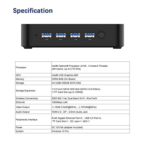 MINISFORUM Mini PC 8GB DDR4 SSD 256GB con Procesador Celeron J4125 Quad Core (hasta 2.7GHz) Mini computadora 4X Puertos USB3.0 2XGigabit Ethernet Soporte 2.5" HDD 4K HDMI/DP Port WiFi de Doble BT 4.2