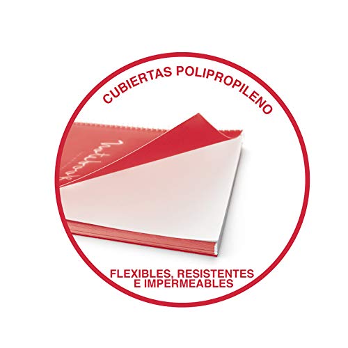 Miquelrius - Cuaderno Espiral Microperforado, Cubierta Polipropileno Translúcido, Tamaño A5 148 x 210 mm, 2 Taladros, 120 Hojas de 90 g/m² y 5 Franjas de Color, Cuadrícula de 5 x 5 mm, color Rojo