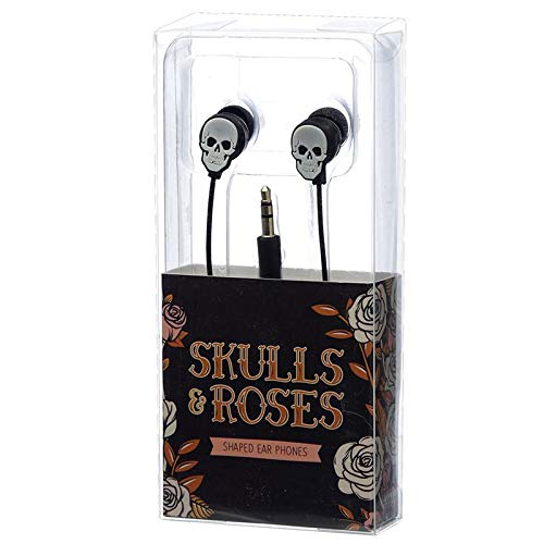 Miss Pretty London - Auriculares Puckator, Calavera y Rosas, Unisex, Color Negro