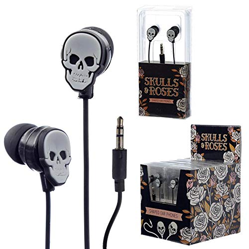 Miss Pretty London - Auriculares Puckator, Calavera y Rosas, Unisex, Color Negro