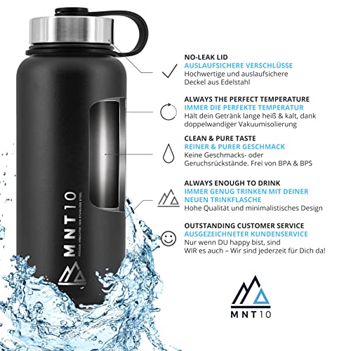 MNT10 Botella de acero inoxidable para agua 500 ml y 1000 ml | Botella térmica para fitness, escuela y oficina | Botellas de agua acero inoxidable | + Tapa deportiva gratuita | Negro 1000ml