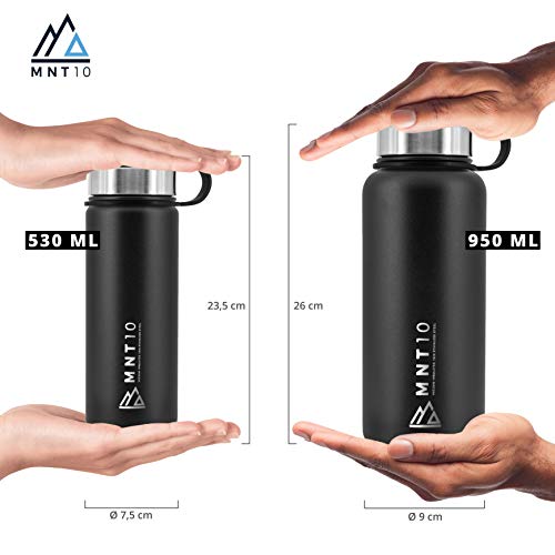 MNT10 Botella de acero inoxidable para agua 500 ml y 1000 ml | Botella térmica para fitness, escuela y oficina | Botellas de agua acero inoxidable | + Tapa deportiva gratuita | Negro 1000ml