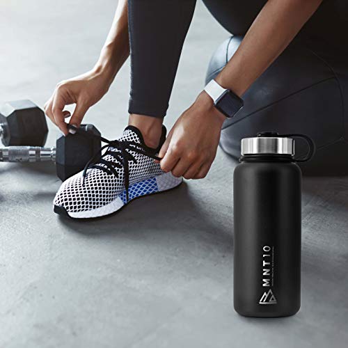 MNT10 Botella de acero inoxidable para agua 500 ml y 1000 ml | Botella térmica para fitness, escuela y oficina | Botellas de agua acero inoxidable | + Tapa deportiva gratuita | Negro 1000ml