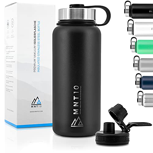 MNT10 Botella de acero inoxidable para agua 500 ml y 1000 ml | Botella térmica para fitness, escuela y oficina | Botellas de agua acero inoxidable | + Tapa deportiva gratuita | Negro 1000ml