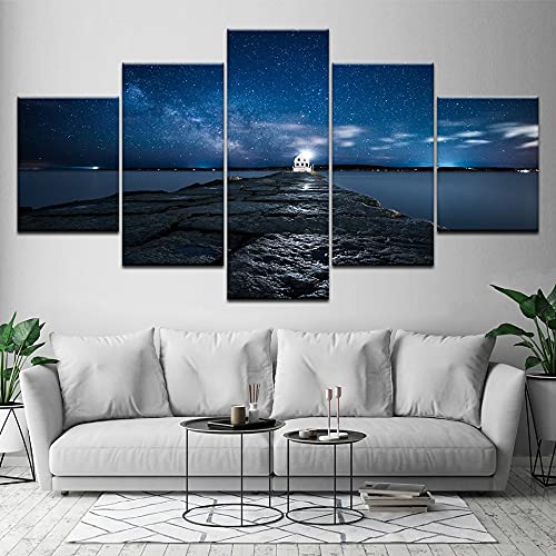 Moderna sala de estar familiar Impresión en HD de 5 paneles, póster sin marco de la imagen del cielo estrellado del puente del muelle de la playa A33 XXL