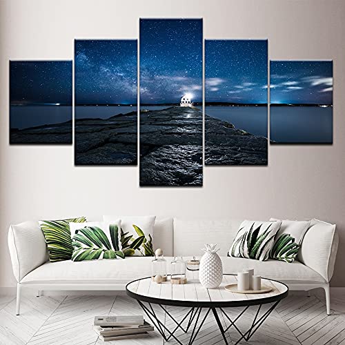 Moderna sala de estar familiar Impresión en HD de 5 paneles, póster sin marco de la imagen del cielo estrellado del puente del muelle de la playa A33 XXL