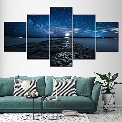 Moderna sala de estar familiar Impresión en HD de 5 paneles, póster sin marco de la imagen del cielo estrellado del puente del muelle de la playa A33 XXL