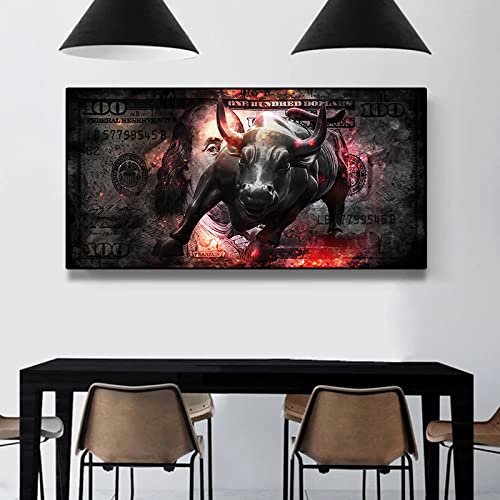 Moderno 100 dólares y creatividad taurina Pintura en lienzo Carteles Arte de la pared de la oficina Pintura decorativa Decoración de la sala de estar 75x145cm (30x57in) Con marco