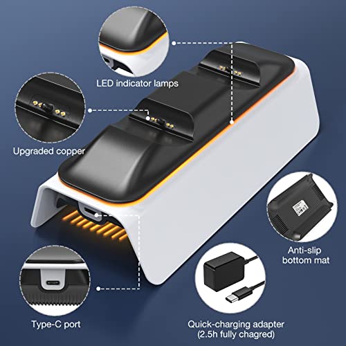 MoKo Base de Carga para Gamepad, Compatible con Controlador Inalámbrico Playstation 5 DualSense 2020, para PS5 con 2 Ranuras de Carga, Adaptador de Corriente de 5.3V 3A e Indicador LED Naranja - Negro