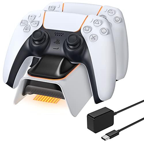 MoKo Base de Carga para Gamepad, Compatible con Controlador Inalámbrico Playstation 5 DualSense 2020, para PS5 con 2 Ranuras de Carga, Adaptador de Corriente de 5.3V 3A e Indicador LED Naranja - Negro