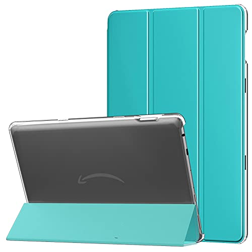 MoKo Funda Compatible con Nueva Fire HD 10 y 10 Plus Tableta (11ª Generación, Versión 2021), Inteligente Trasera Transparente Ultra Delgada Soporte Protectora Plegable Cubierta, Azul Pavo Real