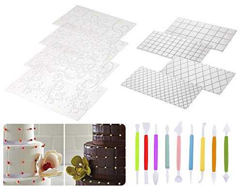 Molde de fondant de pastel Textura Textura Mat Rejilla Transparente Fondant Flor de Encaje Crea Hermosos Pasteles con Sentido Artístico(17 Piezas)