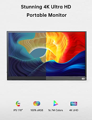 Monitor Portáti 15,6 Pulgadas 4K UHD 3840 x 2160 Pantalla Portátil Gaming IPS 100% sRGB, Mini-hdim, USB C, Altavoces Integrados para teléfonos PC portátil Xbox Switch PS3 PS4 con Funda Protectora