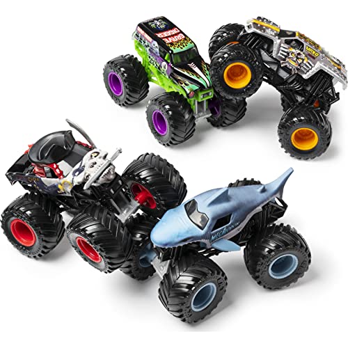 Monster Jam , Coffret de 4 véhicules Land vs. Sea, Modèles assortis (Grave Digger, Max-D, Megalodon et Pirate's Curse) en métal moulé à l'échelle 1 64