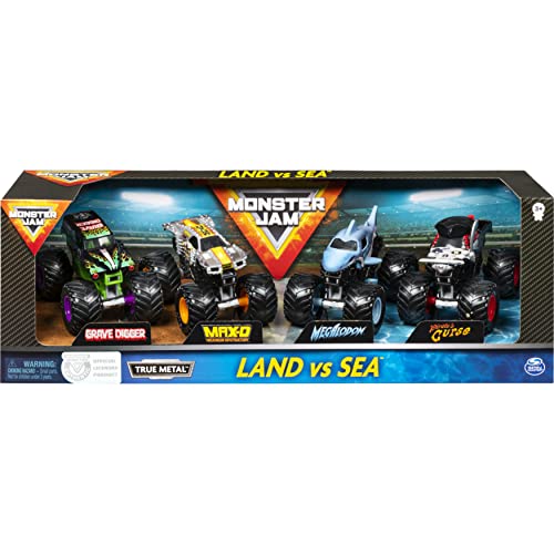 Monster Jam , Coffret de 4 véhicules Land vs. Sea, Modèles assortis (Grave Digger, Max-D, Megalodon et Pirate's Curse) en métal moulé à l'échelle 1 64