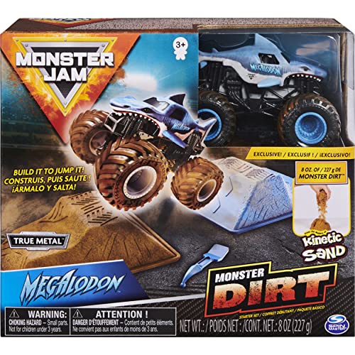 Monster Jam Starter Set, con 227 g de Monster Dirt y Auténtico camión de mermelada monstruo fundido a escala 1:64 (estilos varían), colores variados (Spin Master 6045198) , color/modelo surtido
