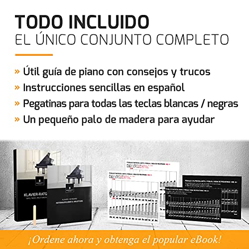 MORIATY® Pegatinas para notas de piano + teclado para 49 | 61 | 76 | 88 teclas + libro electrónico gratuito | kit para llaves negras + blancas | do-re-mi-fa-sol-la-si | Instrucciones en español